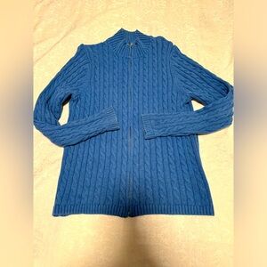 L.L. Bean Vintage Blue Zip Up Chunky Cable Knit Sweater Woman’s L Winter Cotton